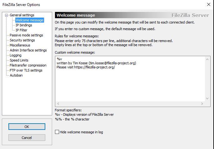 screenshot of the Filezilla Server message pane